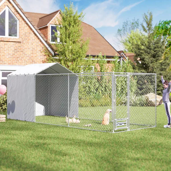 PawHut Galvanized Chain Link Large Outdoor Dog Kennel with Waterproof and UV-Resistant Cover, for MandL Dogs, 19.7' x 7.5' x 7.5' - product image 2