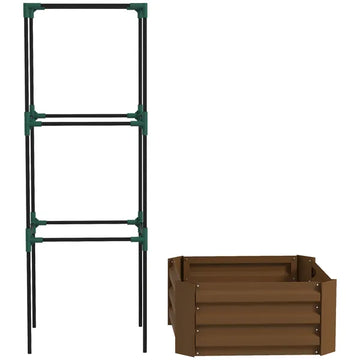 Galvanized Planter Box, 24" x 24" x 11.75" Raised Garden Bed with Tomato Cage for Climbing Vines, Brown - product image 1