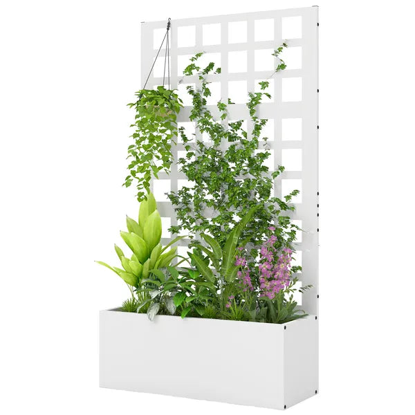 Outsunny Galvanized Raised Garden Bed Planter Box with Trellis for Climbing Plants, Vegetable, Vines, 24 Inch x 9 Inch x 44.5 Inch, White - product image 1