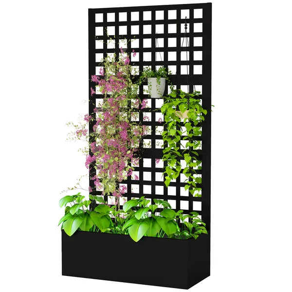Outsunny Galvanized Raised Garden Bed Planter Box with Trellis for Climbing Plants, Vegetable, Vines, 35 Inch x 16 Inch x 70 Inch, Black - product image 1