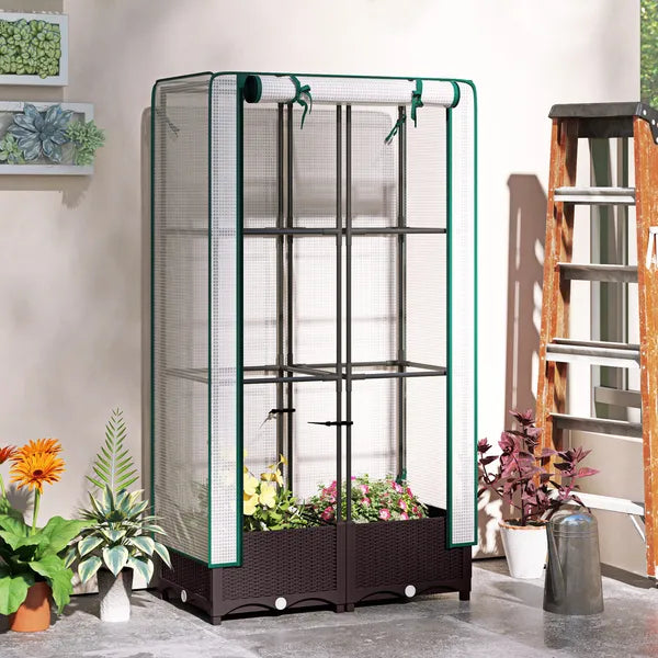 Outsunny Garden Bed with Trellis, Outdoor Plant Box with PE Cover, Drainage Holes and Zipper Door, 31.5" x 15.7" x 48.8", Brown - product image 10
