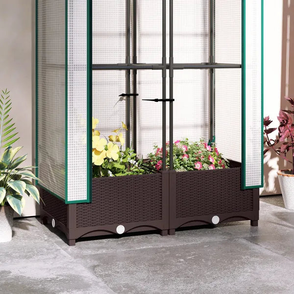 Outsunny Garden Bed with Trellis, Outdoor Plant Box with PE Cover, Drainage Holes and Zipper Door, 31.5" x 15.7" x 48.8", Brown - product image 9