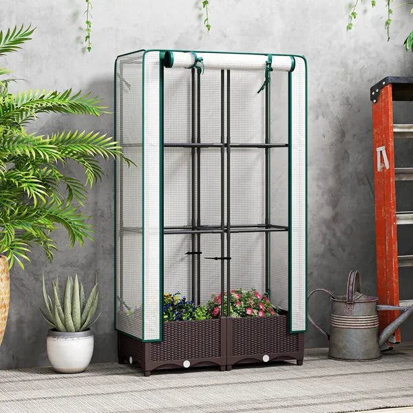 Outsunny Garden Bed with Trellis, Outdoor Plant Box with PE Cover, Drainage Holes and Zipper Door, 31.5" x 15.7" x 48.8", Brown - product image 2