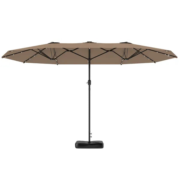 Garden Parasol 14.4 ft. Double-Sided Sun Umbrella with Base, Patio Parasol with LED Solar Lights, Khaki - product image 1