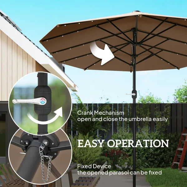 Garden Parasol 14.4 ft. Double-Sided Sun Umbrella with Base, Patio Parasol with LED Solar Lights, Khaki - product image 6