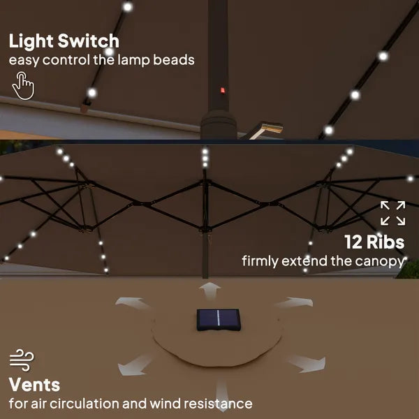 Garden Parasol 14.4 ft. Double-Sided Sun Umbrella with Base, Patio Parasol with LED Solar Lights, Khaki - product image 5