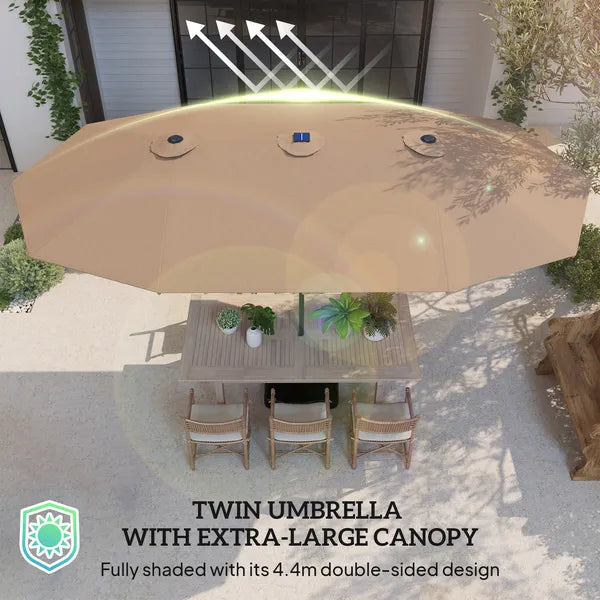 Garden Parasol 14.4 ft. Double-Sided Sun Umbrella with Base, Patio Parasol with LED Solar Lights, Khaki - product image 7