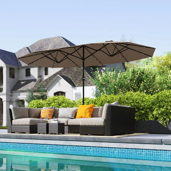 Garden Parasol 14.4 ft. Double-Sided Sun Umbrella with Base, Patio Parasol with LED Solar Lights, Khaki - product image 10