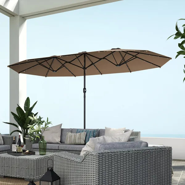 Garden Parasol 14.4 ft. Double-Sided Sun Umbrella with Base, Patio Parasol with LED Solar Lights, Khaki - product image 9