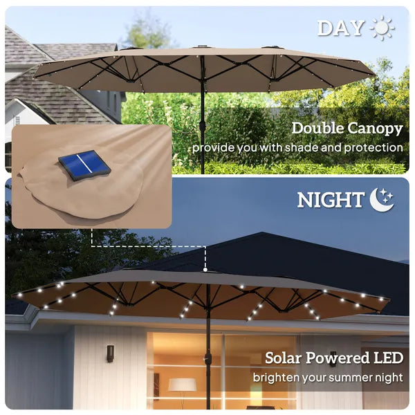 Garden Parasol 14.4 ft. Double-Sided Sun Umbrella with Base, Patio Parasol with LED Solar Lights, Khaki - product image 4