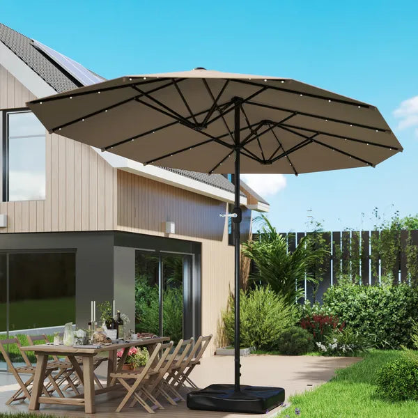 Garden Parasol 14.4 ft. Double-Sided Sun Umbrella with Base, Patio Parasol with LED Solar Lights, Khaki - product image 8