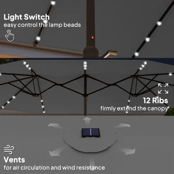 Outsunny Garden Parasol 14.4ft Double-Sided Sun Umbrella with Base, Patio Parasol with LED Solar Lights, Gray - product image 5