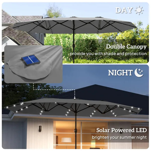 Outsunny Garden Parasol 14.4ft Double-Sided Sun Umbrella with Base, Patio Parasol with LED Solar Lights, Gray - product image 4