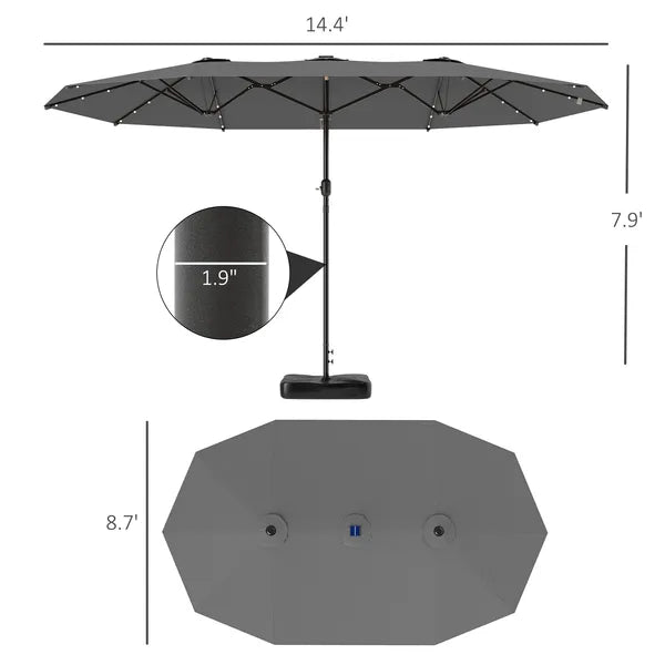 Outsunny Garden Parasol 14.4ft Double-Sided Sun Umbrella with Base, Patio Parasol with LED Solar Lights, Gray - product image 3