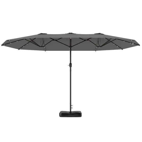 Outsunny Garden Parasol 14.4ft Double-Sided Sun Umbrella with Base, Patio Parasol with LED Solar Lights, Gray - product image 1