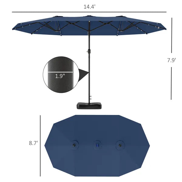 Outsunny Garden Parasol 14.4ft Double-Sided Sun Umbrella with Base, Patio Parasol with LED Solar Lights, Navy Blue - product image 3