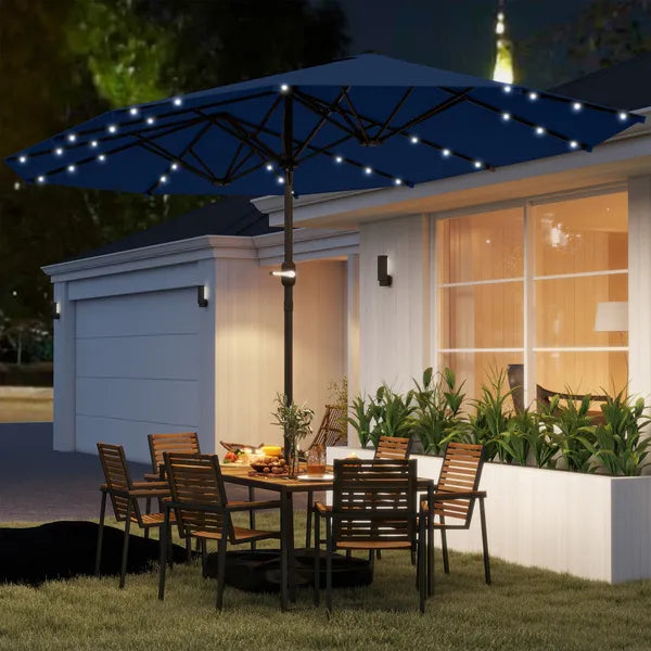 Outsunny Garden Parasol 14.4ft Double-Sided Sun Umbrella with Base, Patio Parasol with LED Solar Lights, Navy Blue - product image 2