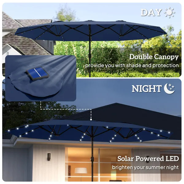 Outsunny Garden Parasol 14.4ft Double-Sided Sun Umbrella with Base, Patio Parasol with LED Solar Lights, Navy Blue - product image 4