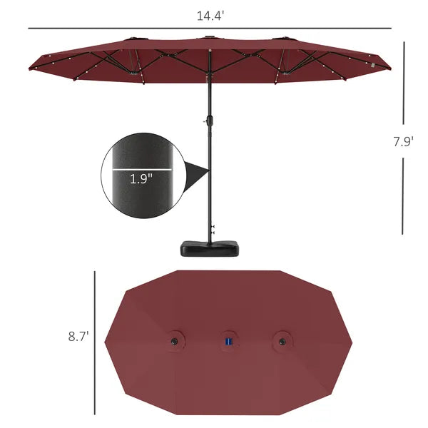 Garden Parasol 14.4ft Double-Sided Sun Umbrella with Base, Patio Parasol with LED Solar Lights, Wine Red - product image 3