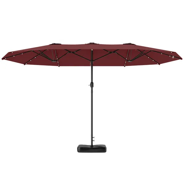 Garden Parasol 14.4ft Double-Sided Sun Umbrella with Base, Patio Parasol with LED Solar Lights, Wine Red - product image 1