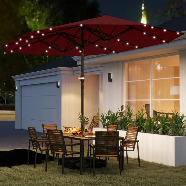 Garden Parasol 14.4ft Double-Sided Sun Umbrella with Base, Patio Parasol with LED Solar Lights, Wine Red - product image 2