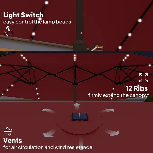 Garden Parasol 14.4ft Double-Sided Sun Umbrella with Base, Patio Parasol with LED Solar Lights, Wine Red - product image 5