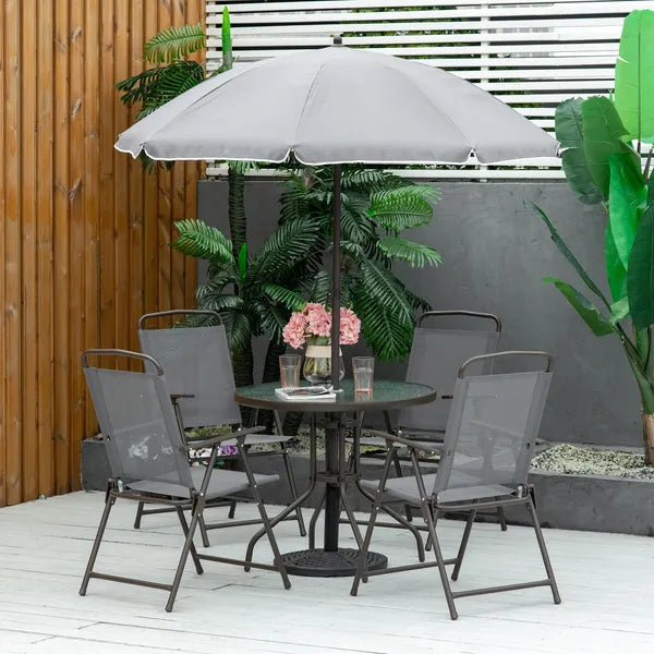 Garden Soiree: 6-Piece Gray Patio Dining Set with Umbrella and Glass Table - product image 2