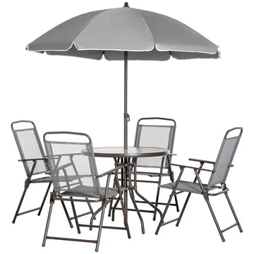 Garden Soiree: 6-Piece Gray Patio Dining Set with Umbrella and Glass Table - product image 1