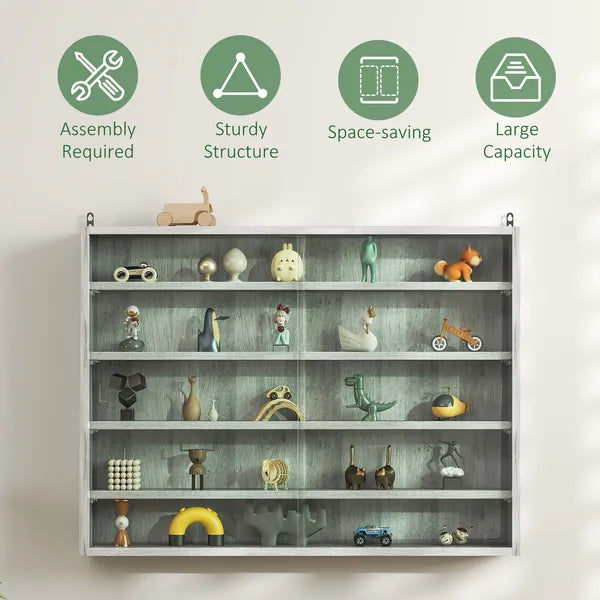 HOMCOM Glass Display Cabinet 5-Tier Wall-Mounted Adjustable Shelves 2 Doors Modern Gray - product image 6