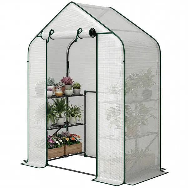 Greenhouse for Outdoors, Portable Greenhouse with 6 Shelves, UV-resistant PE Cover, Roll-up Door, White - product image 1