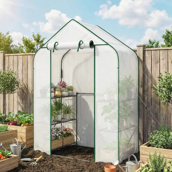 Greenhouse for Outdoors, Portable Greenhouse with 6 Shelves, UV-resistant PE Cover, Roll-up Door, White - product image 2
