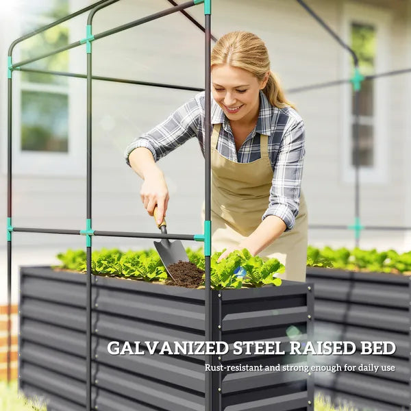 Greenhouse with Raised Garden Bed, Galvanized Steel Outdoor Greenhouse with Roll Up Door, 56 Inch x 56 Inch x 75 Inch, Dark Gray - product image 5