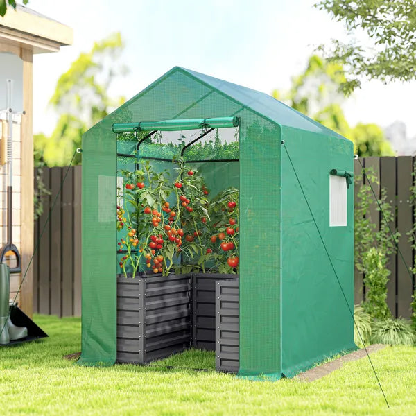 Greenhouse with Raised Garden Bed, Galvanized Steel Outdoor Greenhouse with Roll Up Door, 56 Inch x 56 Inch x 75 Inch, Dark Gray - product image 2