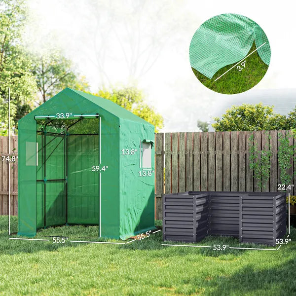 Greenhouse with Raised Garden Bed, Galvanized Steel Outdoor Greenhouse with Roll Up Door, 56 Inch x 56 Inch x 75 Inch, Dark Gray - product image 3