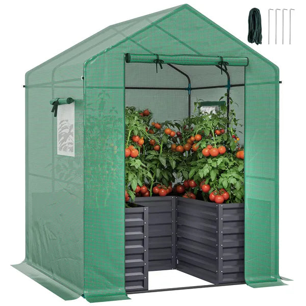 Greenhouse with Raised Garden Bed, Galvanized Steel Outdoor Greenhouse with Roll Up Door, 56 Inch x 56 Inch x 75 Inch, Dark Gray - product image 11
