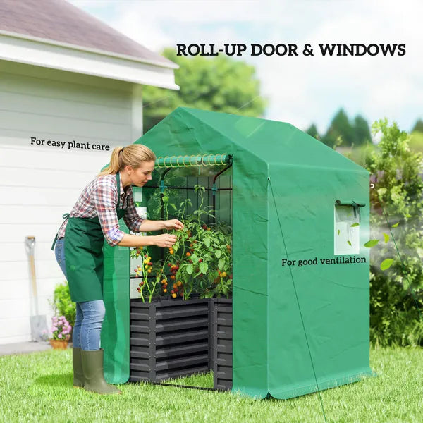 Greenhouse with Raised Garden Bed, Galvanized Steel Outdoor Greenhouse with Roll Up Door, 56 Inch x 56 Inch x 75 Inch, Dark Gray - product image 7