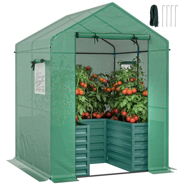 Greenhouse with Raised Garden Bed, Galvanized Steel Outdoor Greenhouse with Roll Up Door, 56 Inch x 56 Inch x 75 Inch, Green - product image 11