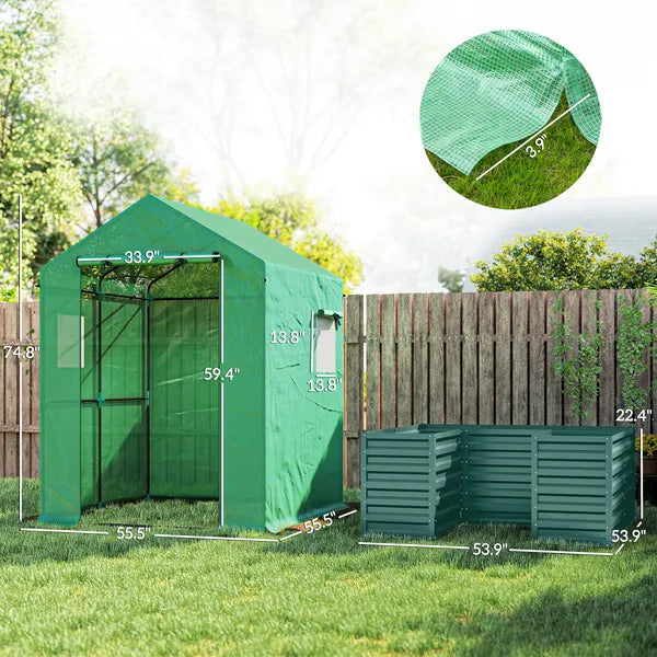 Greenhouse with Raised Garden Bed, Galvanized Steel Outdoor Greenhouse with Roll Up Door, 56 Inch x 56 Inch x 75 Inch, Green - product image 3