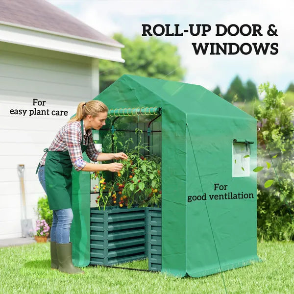 Greenhouse with Raised Garden Bed, Galvanized Steel Outdoor Greenhouse with Roll Up Door, 56 Inch x 56 Inch x 75 Inch, Green - product image 7