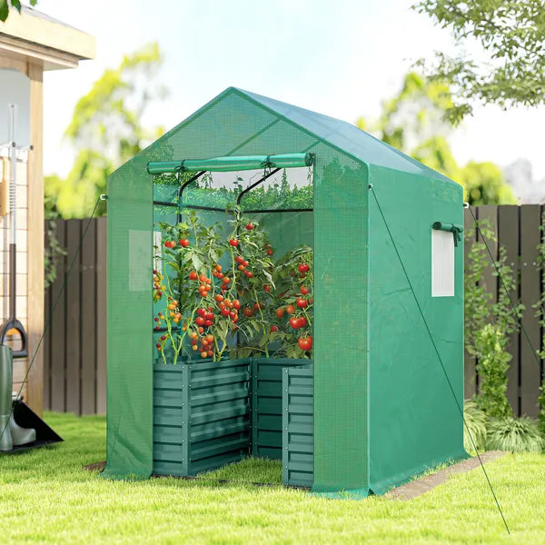 Greenhouse with Raised Garden Bed, Galvanized Steel Outdoor Greenhouse with Roll Up Door, 56 Inch x 56 Inch x 75 Inch, Green - product image 2