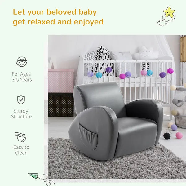 Grey Toddler Rocking Chair with Pocket PU Leather Kids Rocker for Nursery Playroom Durable Armchair - product image 5