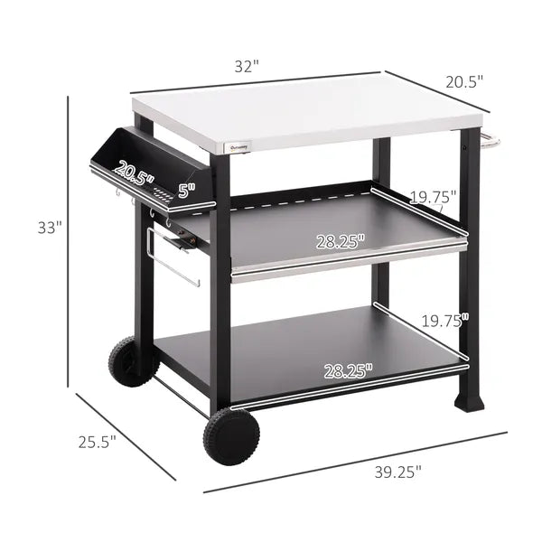 Outsunny Grill Cart Table Outdoor, 3-Shelf Stainless Steel, Pizza Oven Stand, Black with BBQ Wheels and Side Handle - product image 3