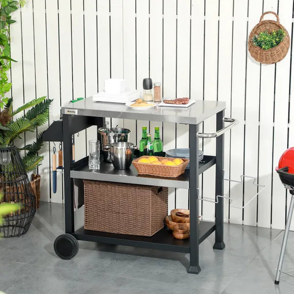 Outsunny Grill Cart Table Outdoor, 3-Shelf Stainless Steel, Pizza Oven Stand, Black with BBQ Wheels and Side Handle - product image 2