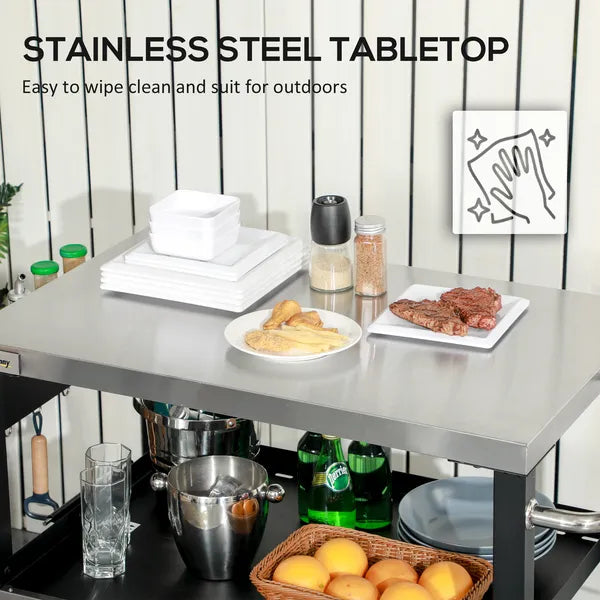 Outsunny Grill Cart Table Outdoor, 3-Shelf Stainless Steel, Pizza Oven Stand, Black with BBQ Wheels and Side Handle - product image 5