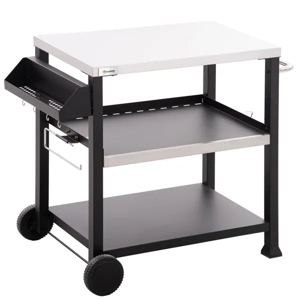 Outsunny Grill Cart Table Outdoor, 3-Shelf Stainless Steel, Pizza Oven Stand, Black with BBQ Wheels and Side Handle - product image 1