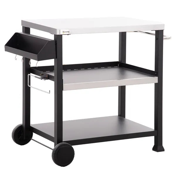 Outsunny Grill Cart Table Outdoor, 3-Shelf Stainless Steel, Pizza Oven Stand, Black with BBQ Wheels and Side Handle - product image 12