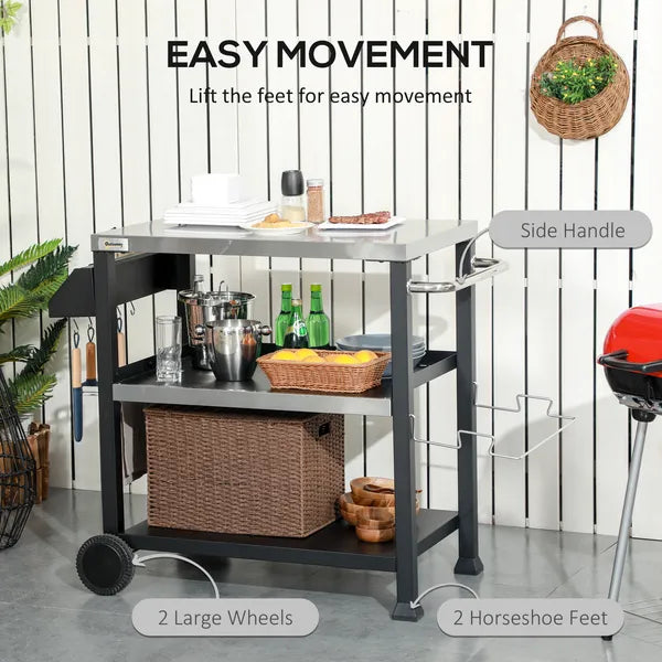 Outsunny Grill Cart Table Outdoor, 3-Shelf Stainless Steel, Pizza Oven Stand, Black with BBQ Wheels and Side Handle - product image 4