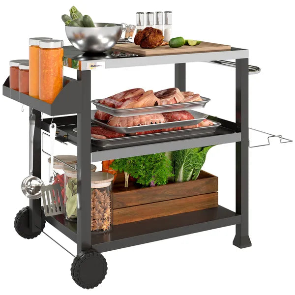 Outsunny Grill Cart Table Outdoor, 3-Shelf Stainless Steel, Pizza Oven Stand, Black with BBQ Wheels and Side Handle - product image 11