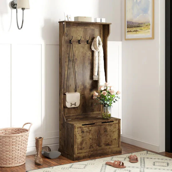 HOMCOM Hall Tree with Coat Rack, Storage, and Sitting Bench, Rustic Brown - product image 2