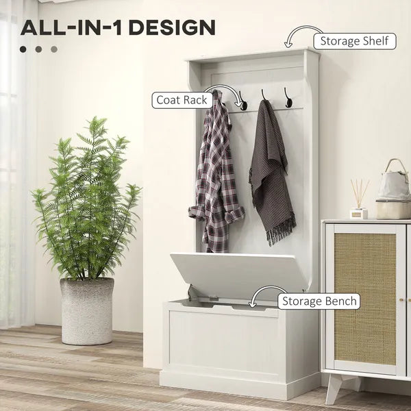 HOMCOM Hall Tree with Coat Rack, Storage, and Sitting Bench, White - product image 4